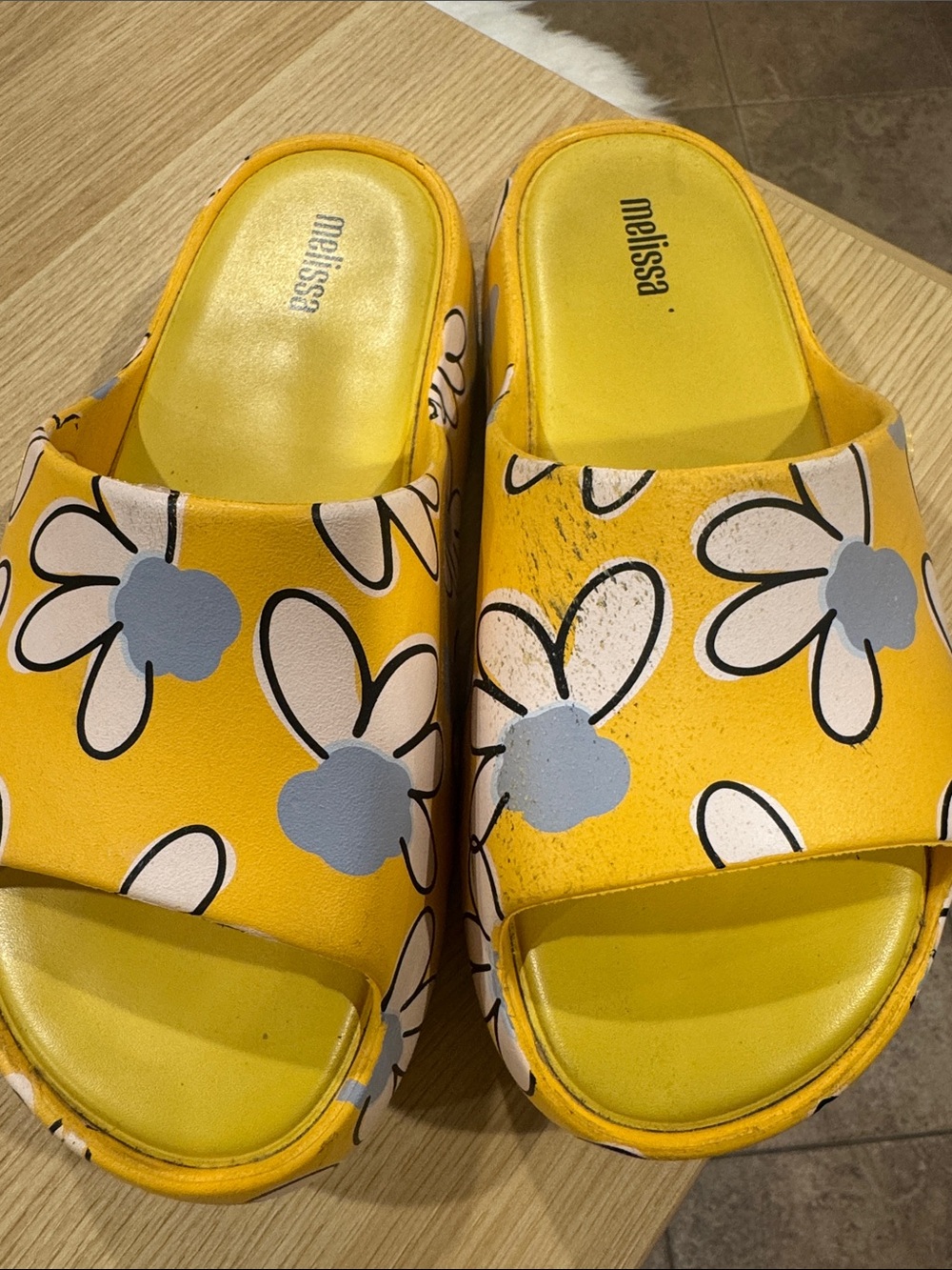 Melissa Yellow Floral Slide Sandals with Blue Accents